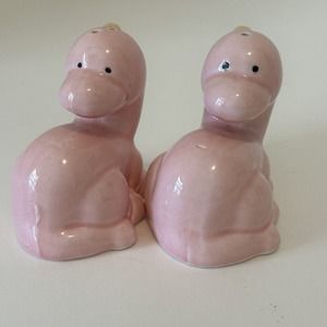 Pink Baby Dinosaur Ceramic Salt & Pepper Shaker Set 3 inches w/ Stoppers
